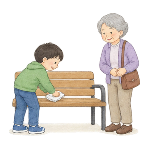 ベンチを拭いて譲るのイラスト