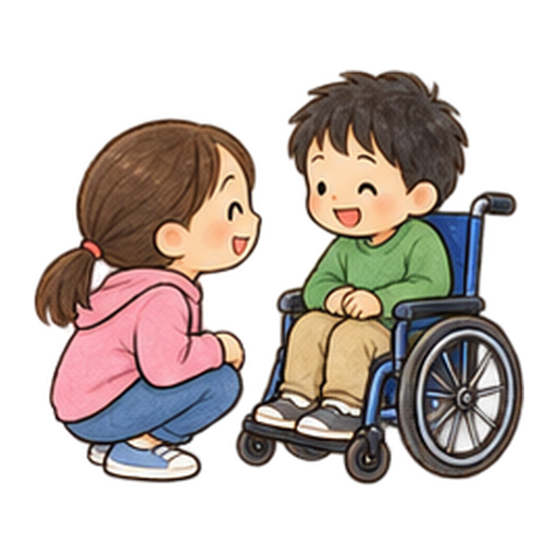 車いすの友だちと同じ目線で話すのイラスト