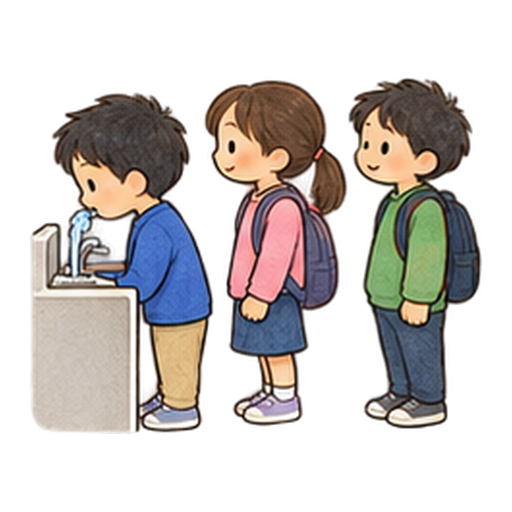 水飲み場の順番を待つのイラスト
