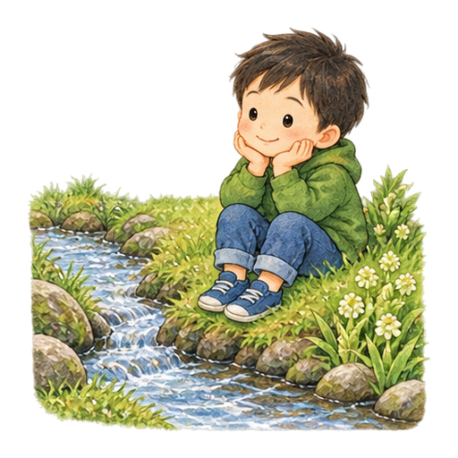 春の小川でせせらぎを聞くのイラスト
