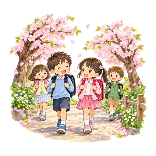 春の通学路のイラスト