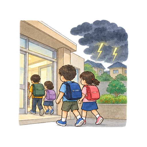 雷から建物へ避難のイラスト