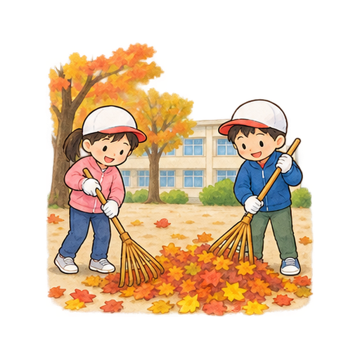 校庭の落ち葉拾いのイラスト