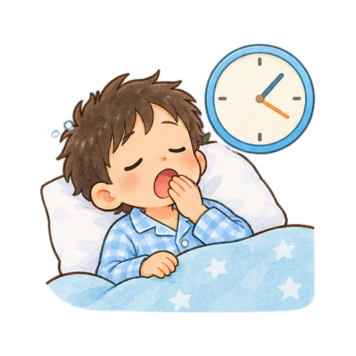 眠い子どもと時計のイラスト
