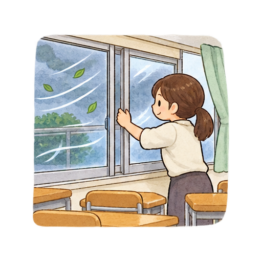 強風の日に窓を閉めるのイラスト