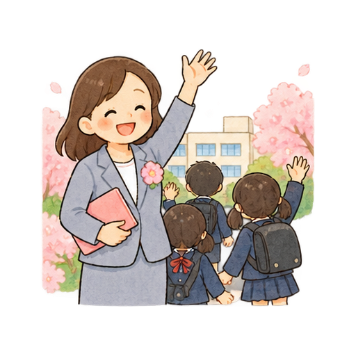 卒業生を見送る先生のイラスト