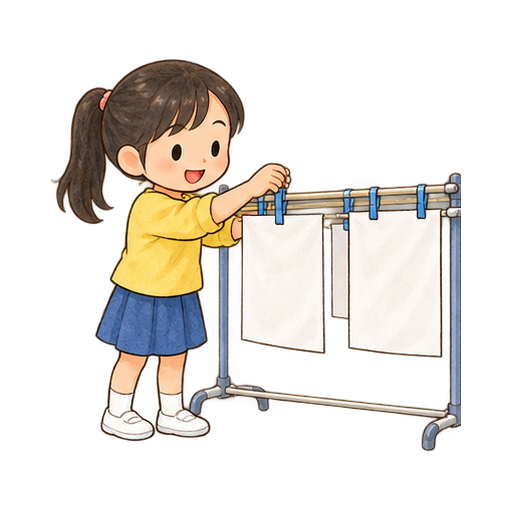 習字の作品を干すのイラスト