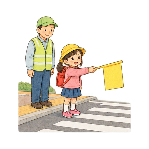 横断歩道で黄色い旗を持つのイラスト