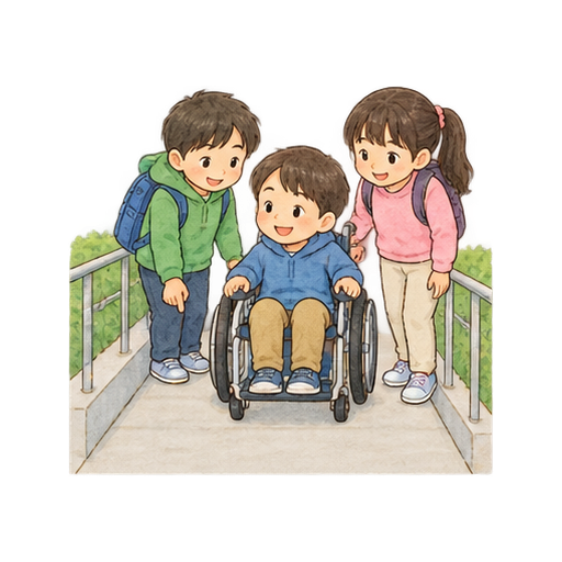 車いすの通れる道を確かめるのイラスト