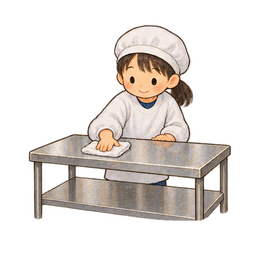 給食配膳台を拭くのイラスト