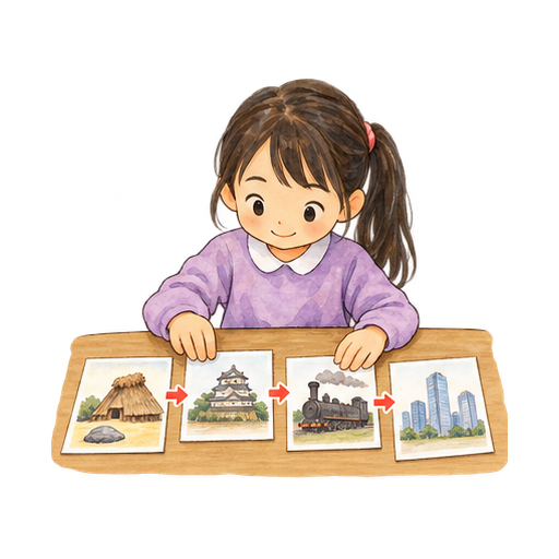 歴史の年表カードを並べるのイラスト